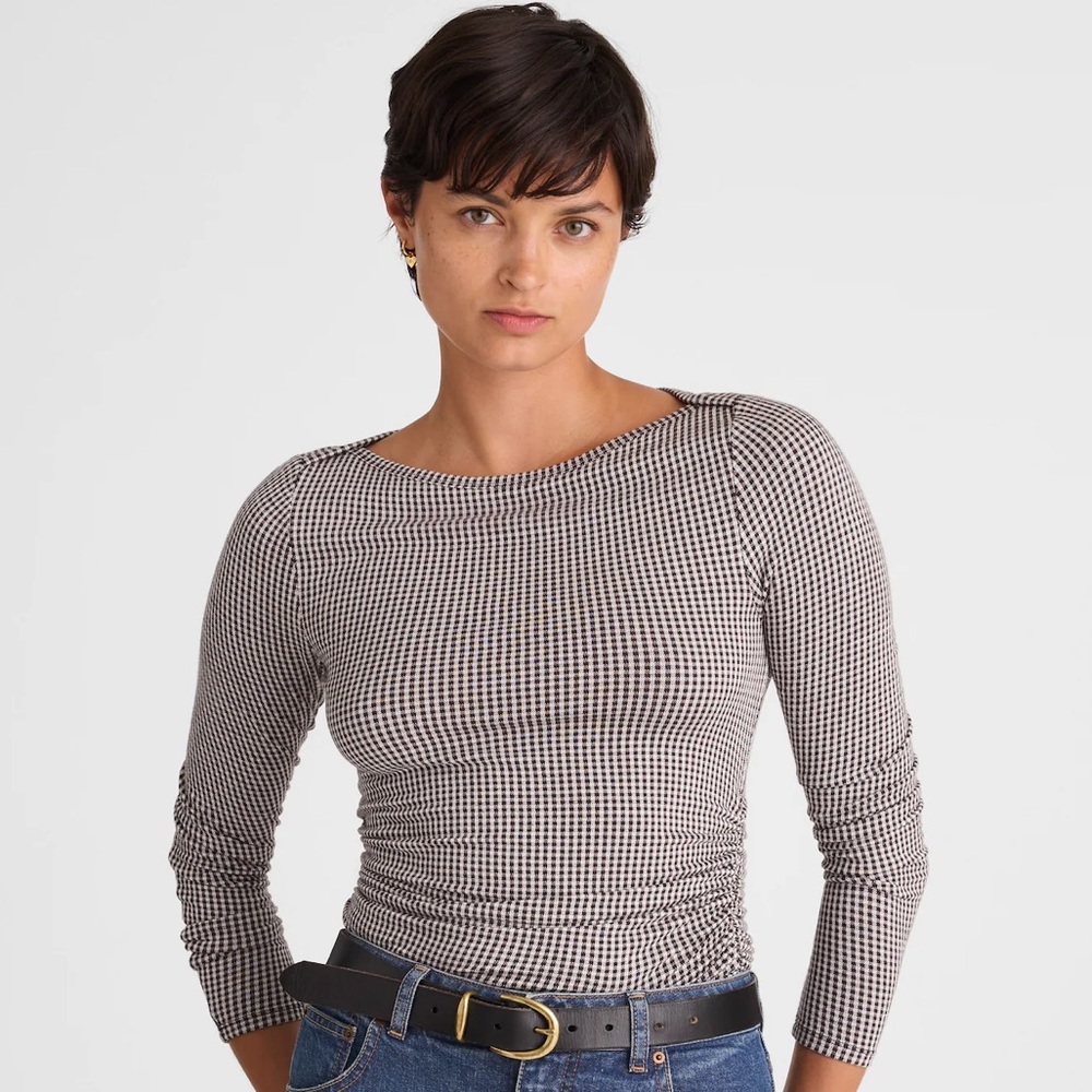 NWT Madewell Women's Ruched Crewneck Long-Sleeve Black and White Houndstooth Top - Picture 8 of 13